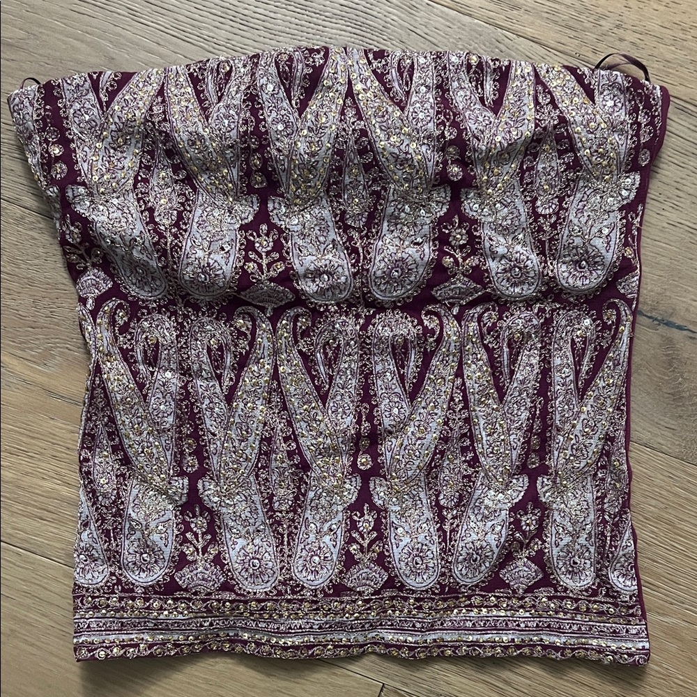 The Limited Burgundy and Cream Paisley Strapless Top